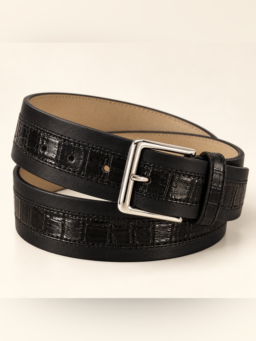 Alfani XL Black Genuine Leather Crocodile Embossed Silver Buckle Belt